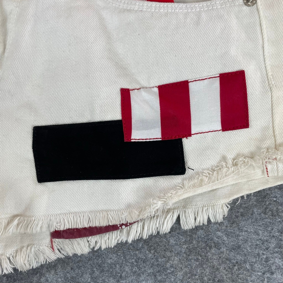 USA Flag Patch Denim Cutoff Shorts Womens L Selvedge Festival Y2K - Picture 7 of 12